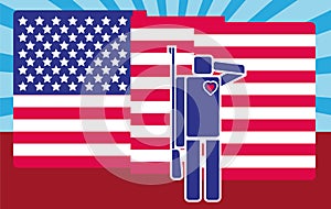 Cartooned Soldier Saluting American Flag. Pictogram / flat design style photo
