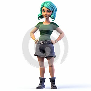 Cartoonish 3d Model Of Green Haired Girl In Black Top And Shorts