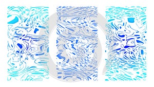 Cartoonish abstract background set. Vertical blue rippled water surface, illusion, curvature. Liquid on canvas