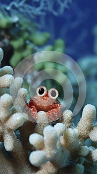 Cartoonish crab with large eyes on soft coral photo