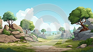 Cartoonish 2d Prehistoric Landscape With Trees And Rocks photo
