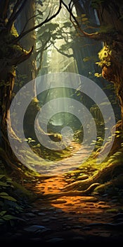 Cartoonish Forest Art: Sunlit Path In A Dark And Treey Forest