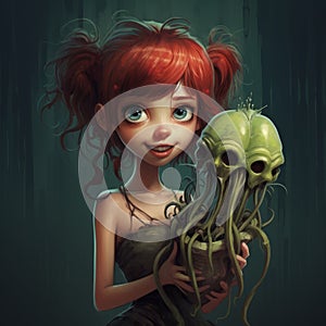 Cartoonish Girl Holding Octopus: Artgerm Inspired Tim Burton Character