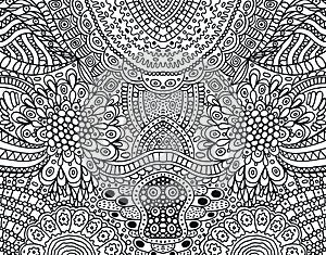 Cartoonish hippie ornament - coloring page for adults. Black and white doodle background. Vector illustration