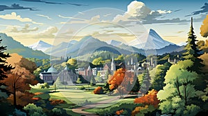 Cartoonish Illustration Of Lenox, Massachusetts With Charming Houses And Serene Mountains