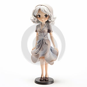 Cartoonish Innocence: Anime Figure With Gray Dress And Silver Hair