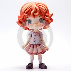 Cartoonish Innocence: 3d Anime Doll With Red Hair And Pink Dress