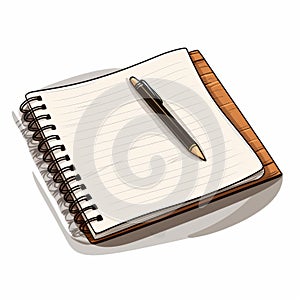 Cartoonish Notebook With Pen On White Background