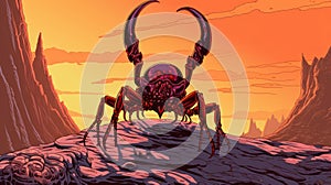 Cartoonish Pop Art Illustration Of A Spider On A Rock At Sunset