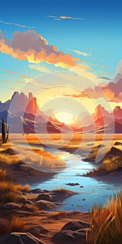 Cartoonish Realism: Stunning Sunset Desert With Flowing Stream