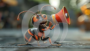 A cartoonish red and black ant is holding a microphone and making a loud noise by AI generated image