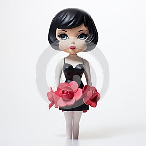 Cartoonish Rose Figurine With Black Hair And Dress