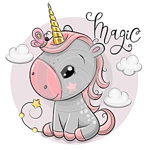 Cartoonl unicorn with gold horn and clouds