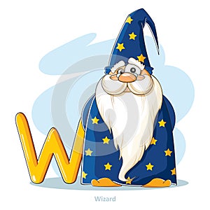 Cartoons Alphabet - Letter W with funny Wizard photo