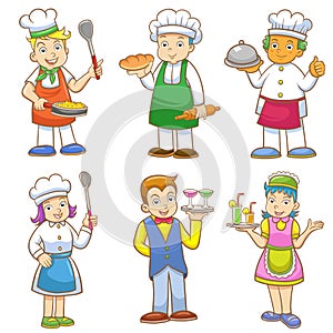 Cartoons of kids chefs and set of cooking