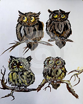Cartoons Owl pack sticker on a branch. Smilies for chat.