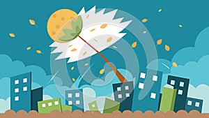 A cartoonstyle drawing of a humble dandelion exaggeratedly blowing in the wind with enough force to knock over buildings photo
