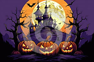 Cartoonstyle Halloween Illustration Pumpkins And Castle