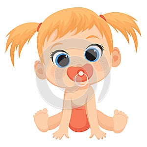 Cartoony child Vector illustration of a cute baby. A little girl sitting in a diaper. Happy little baby