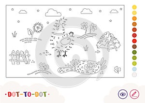 Cartoony dot-to-dot chicken walking on countryside farm birdyard. Contour preschool kids coloring book