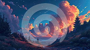 A cartoony night-time landscape with fluffy clouds and trees