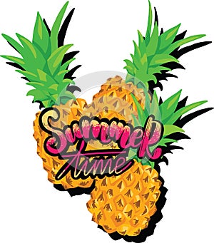 Cartoony three Pine Apples with Slogan. Hand drawn Pine Apple. handwritten Lettering Summer Time Vector Illustration