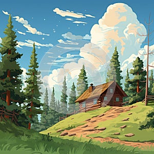 Cartoony Wood Cabin In Mountain Landscape