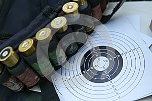 Cartridges for a hunting rifle in a bandoleer close up