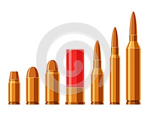 Cartridges vector set. A collection of bullets isolated on white background. Weapon ammo types and size in flat style. photo