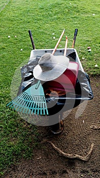 carts and garden cleaning tools, rubbish scoops, rubbish claws and rubbish bags
