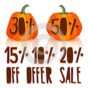 Carve a pumpkin for autumn sale. The design of orange pumpkins with percent discounts. Set pumpkin for autumn offer