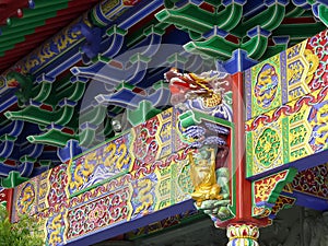 Carved beam with dragon head at po lin monastery, hong kong