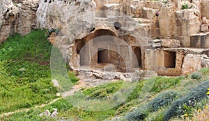 Carved chambers and steps cut into rock in the tomb of the kings area of paphos cyprus