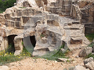 Carved chambers and steps in the tomb of the kings area of paphos cyprus