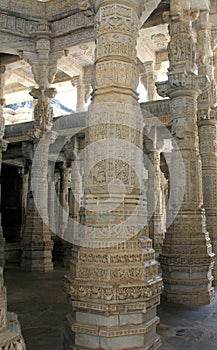 Carved columns inside the Jain Temple of Ranakpur