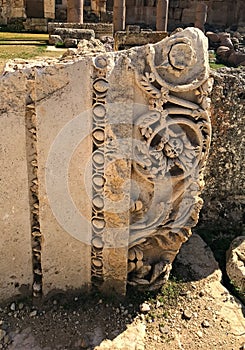 Carved cornice ruin close-up. Ancient Heliopolis. Baalbek, Beqaa Valley, Lebanon