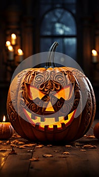 Carved creation jack o lantern pumpkin head enhances wooden backdrop, embodying Halloween essence