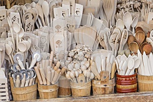 Carved cups, spoons, forks and other utensils of wood, Traditional Polish utensils.