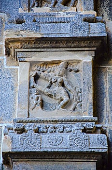 Carved dancing idols on the Gopuram of Nataraja Temple, Chidambaram, Tamil Nadu, India.