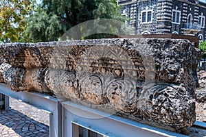 Carved decorative lintel at the ruins of Capernaum in Israel