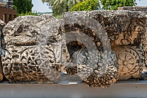 Carved decorative lintel at the ruins of Capernaum in Israel