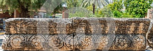 Carved decorative lintel at the ruins of Capernaum in Israel