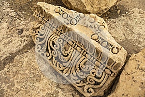 Carved decors of ancient Heliopolis. Baalbek, Bekaa Valley, Lebanon.