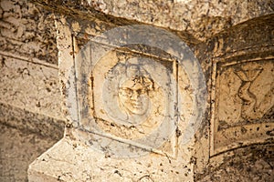 Carved decors of ancient Heliopolis. Baalbek, Bekaa Valley, Lebanon.