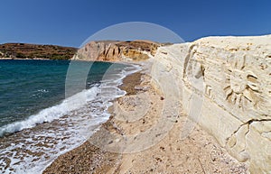 Carved figures in Kalamitsi beach, Kimolos island, Cyclades, Greece