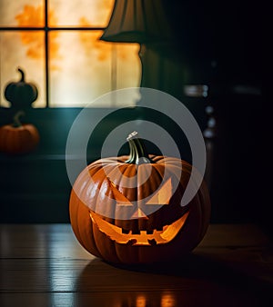 Carved Halloween pumpkin with candle light, generative ai