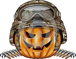 Carved halloween pumpkin wearing military helmet and ammunition belt