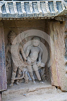 Carved idol of gods on the inner wall of a small shrine. Built in 1026 - 27 AD during the reign of Bhima I of the Chaulukya dynast