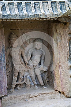Carved idol of gods on the inner wall of a small shrine. Built in 1026 - 27 AD during the reign of Bhima I of the Chaulukya dynast photo