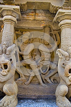 Carved idol on the inner wall of the kanchi Kailasanathar temple, Kanchipuram, Tamil Nadu, India.